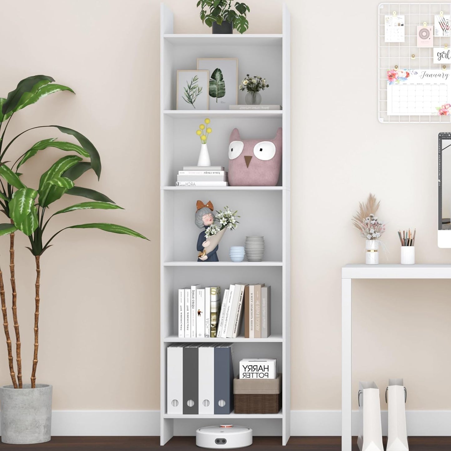 6-Tier Bookshelf, 66.9 Inches Floor Standing Bookcase, Display Storage Shelf, Corner Shelf, Home Decor Furniture for Home Office, Living Room, Bedroom, White 01103XBC