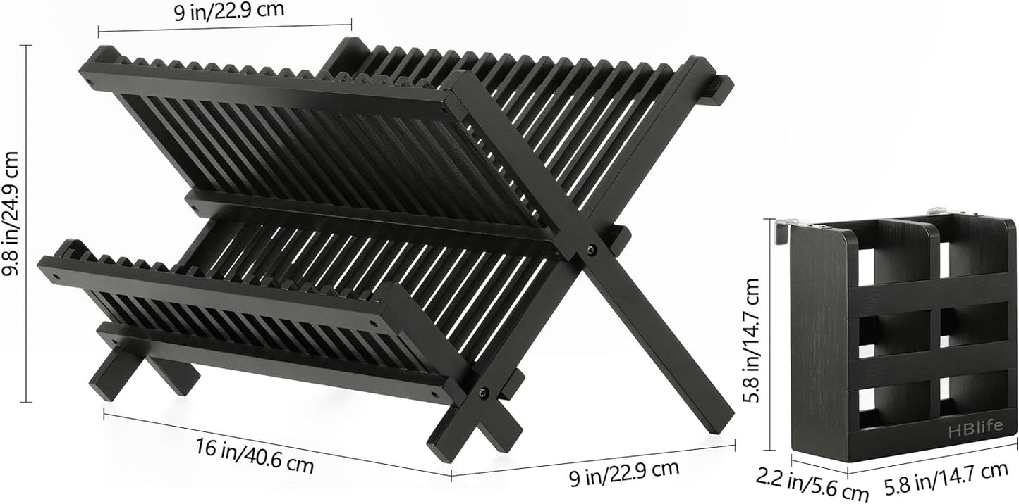 HBlife Dish Rack, Black Bamboo Folding 2-Tier Collapsible Drainer Dish Drying Rack with Utensils Flatware Holder Set (Dish Rack with Utensil Holder)