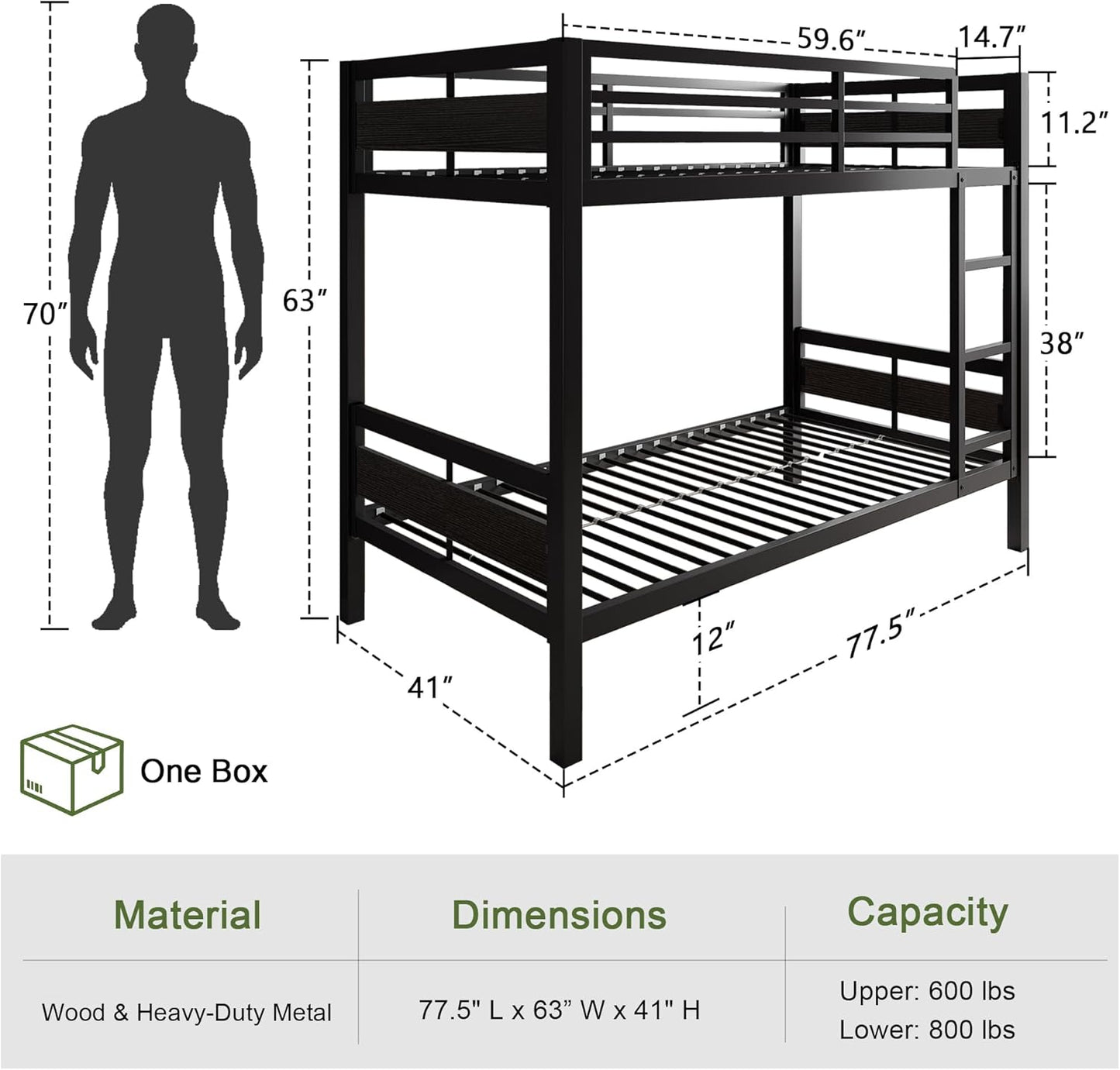 Feonase Metal Twin Over Twin Bunk Bed with Ladder and High Guardrail, Heavy-Duty Metal Slats Support, Noise Free, No Box Spring Needed, for Kids and Juniors, Black