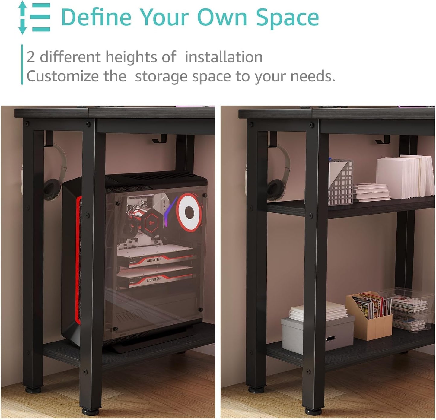 Lufeiya Gaming Desk with 4 Fabric Drawers & Storage Shelves, 55 inch Computer Writing Work Study Desk for Home Office Bedroom, Modern Simple Student PC Desks Table, Black