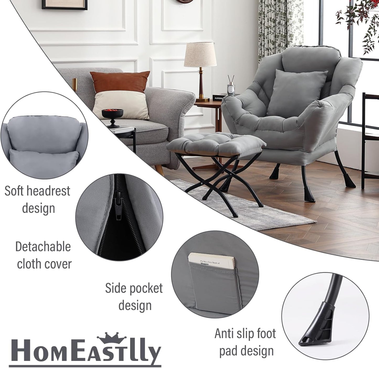 Lazy Chair with Ottoman, Modern Large Accent Lounge Chair with a Pillow, Leisure Sofa Armchair with Ottoman, Reading Chair with Footrest for Bedroom, Living Room, Dorm Room,Peach Light Gray