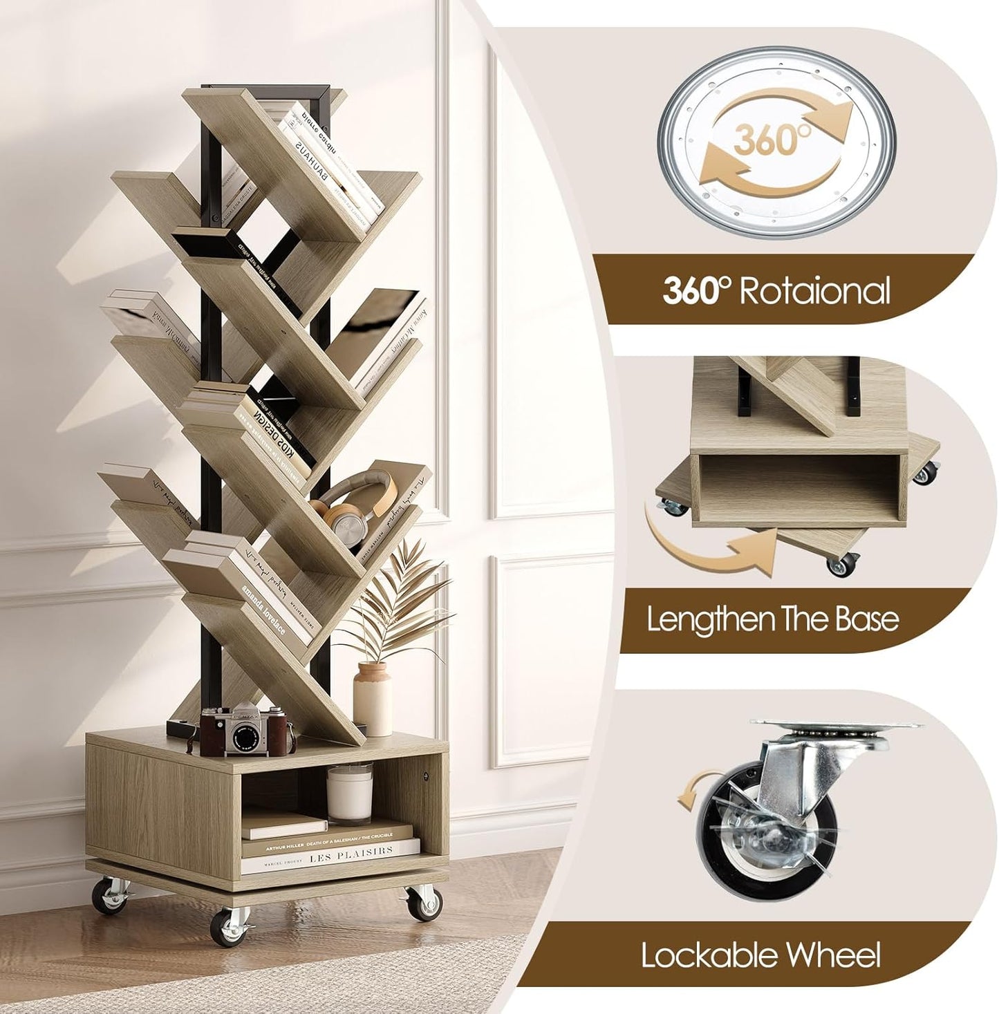 Double Sided Rotating Tree Bookshelf - 7-Tier Retro Floor Standing Bookcase, Wood Storage for Books, CDs, Movies, Perfect for Small Spaces in Bedroom, Living Room, Home Office, Grey