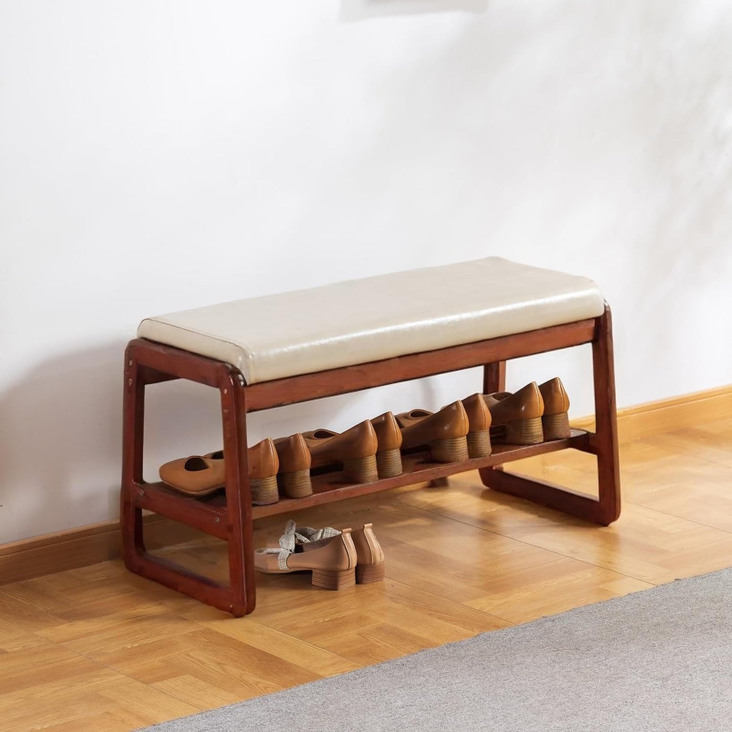Shoe Rack Bench, Solid Wood Entryway Bench, Shoe Storage with Cushion Seat for Entry, Hallway (Beige-31.5")