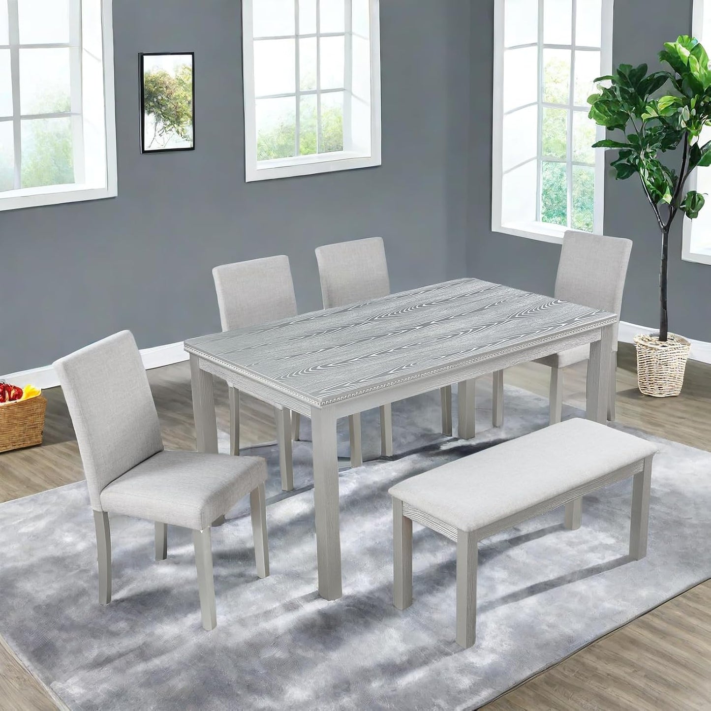 Dining Table Set, 6-Piece Kitchen Table & Chair Set with Rectangular Crystal Decoration & 4 Upholstered Chairs & a Bench, Wooden Dining Set, Silver Gray