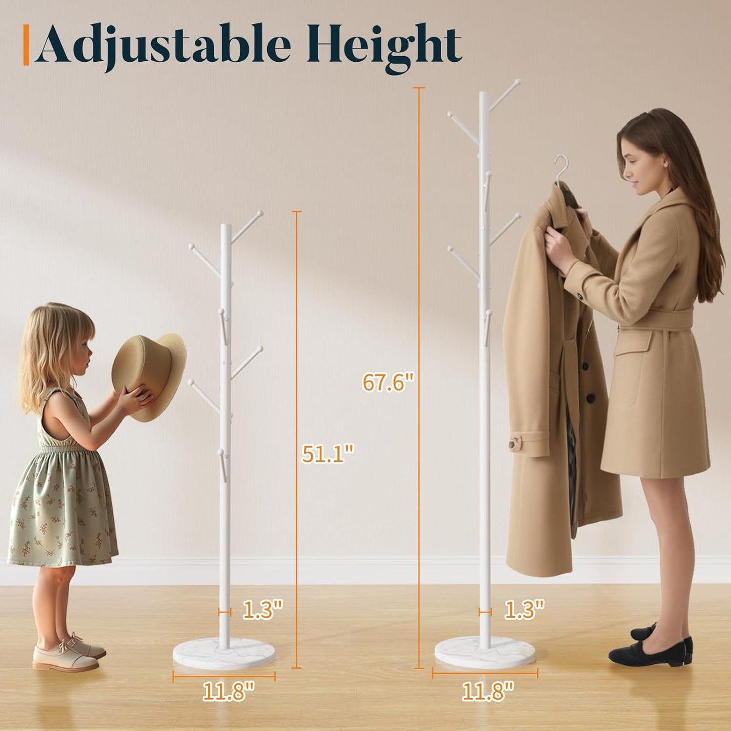 Yoobure Coat Rack Freestanding with Natural Marble Base - Coat Tree with 8 Hooks Heavy Duty Coat Hanger Stand, Metal Coat Rack Stand for Jacket, Hat, Clothes & Bag, Hall Tree Hat Rack for Entryway