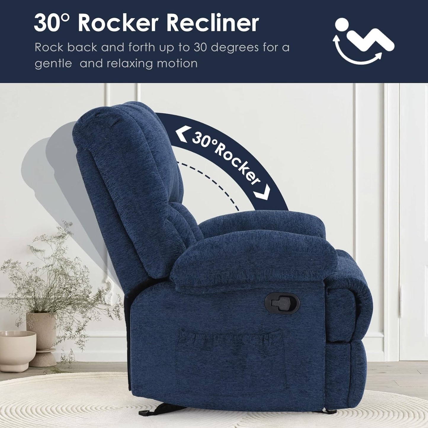 Oversized Rocker Recliner Chair, Wide Rocker Chair with Adjustable Backrest Footrest, Oversized Recliner for Adults, Reclining Sofa for Living Room, Blue