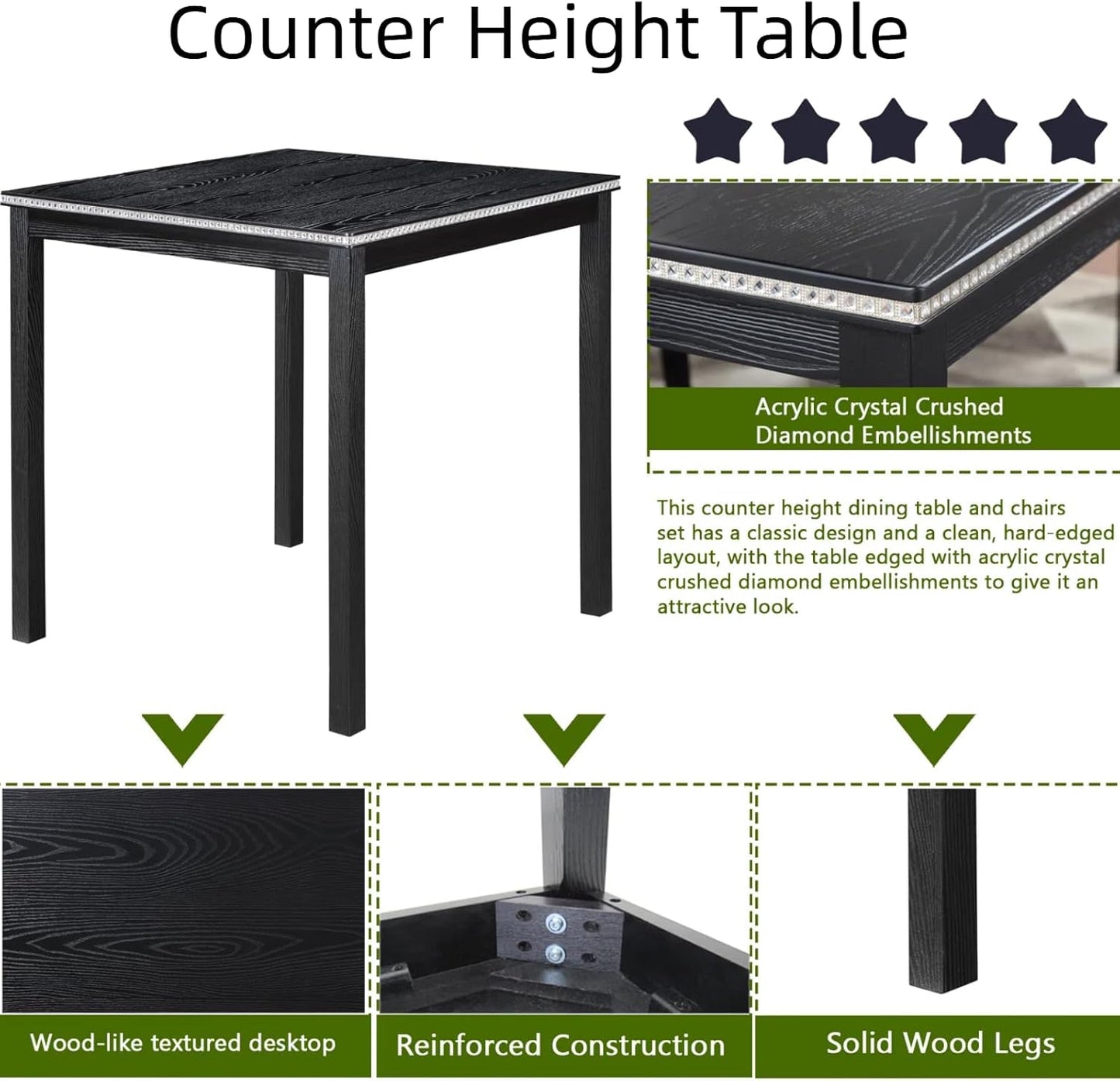 Dining Table Set for 4, 5-Piece Dining Room Table Set with Square Crystal Decoration Table & 4 Upholstered Backrest Chairs, Counter Height Kitchen Sets with Wood Grain & Footrest, Black