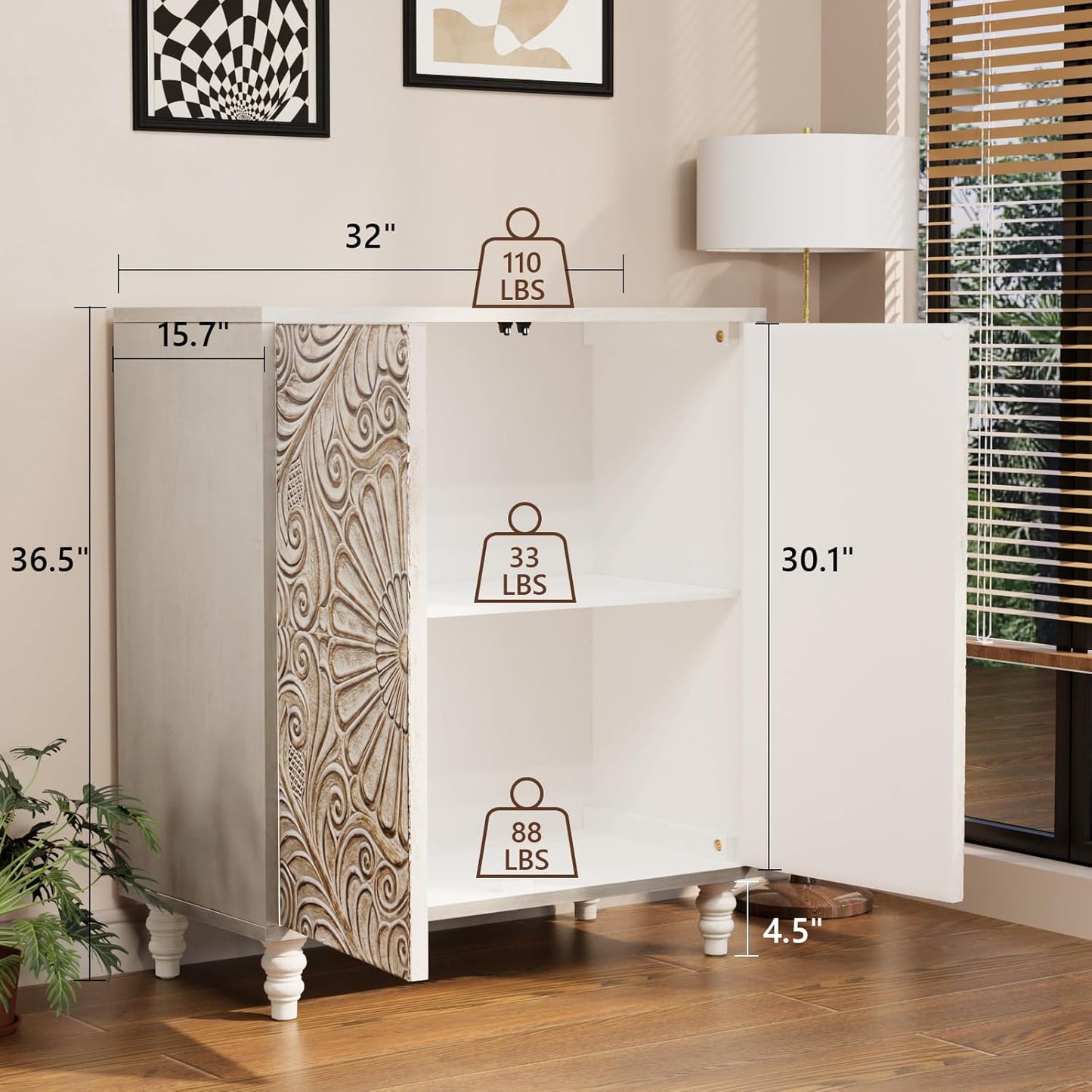 COSIEST Set of 3 32" Buffet Sideboard Cabinets with Storage, Accent Cabinet with Push-to-Open Doors, Vintage Flower Carved Pinewood Doors, Entryway Console for Living Room, Kitchen, Hallway, Gray