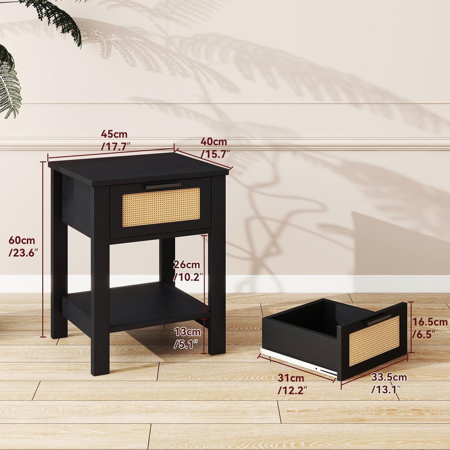IBUYKE Rattan Nightstand, Boho Night Stand with Drawer, Wood Bedside Tables with Storage Shelf, End Table with Legs for Bedroom, Black UWNS011B