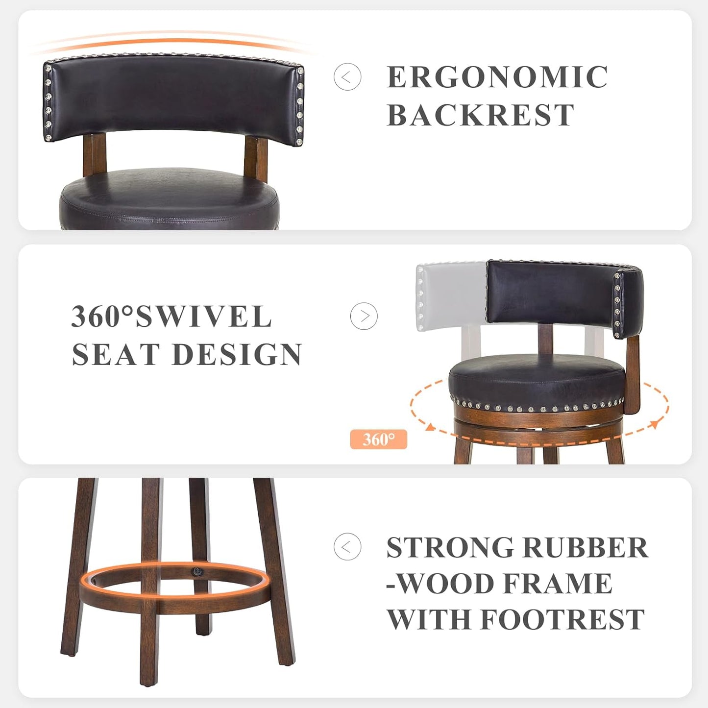 COLAMY Swivel Bar Stools Set of 4, 25 Inch Wood Swivel Barstools with Back, Counter Height Bar Stools, Modern Upholstered Barstools for Kitchen Island Dining Room Bar, Dark Brown