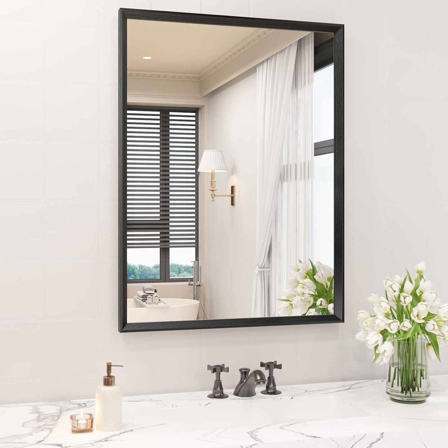 Rectangle Bathroom Mirror 28x36 Inch, Matte Black Framed, 4MM Tempered Glass, Anti-Rust, Wall-Mount Vanity Mirror for Bathroom & Bedroom, Hangs Horizontally or Vertically