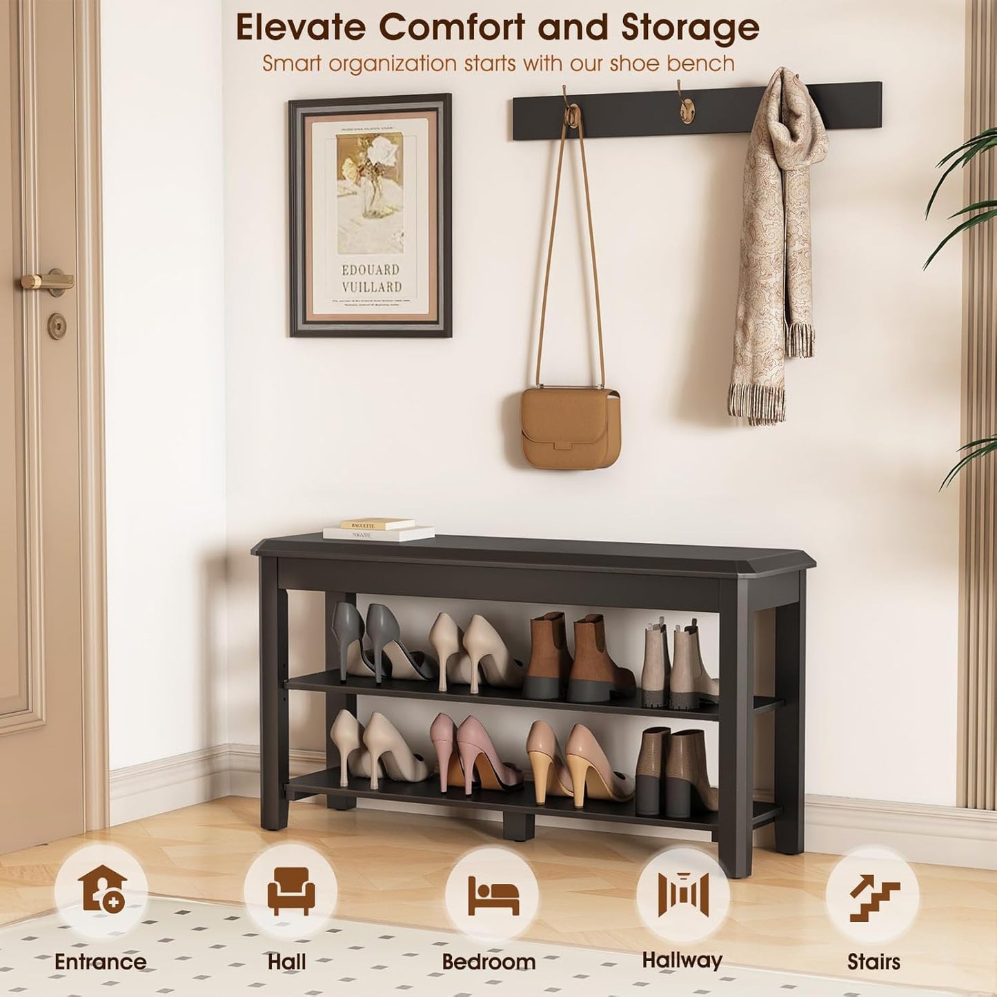 Shoe Rack Bench Seat Rubberwood 2-Tier Wooden Storage Bench 550lbs Compact Mid-Century Modern Design for Entryway, Hallway, Closet, Front Door Entrance, Foyer