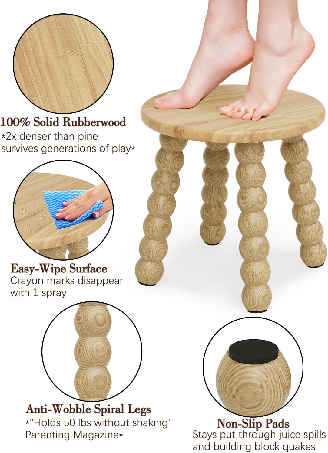 Masupu Solid Wooden Step Stool for Adults Kids, 11 inch Small Foot Stool, Non-Slip One Step Stool, Sturdy Foot Stool for Bathroom, Bedroom, Kichen, Plant Stand(Natural)