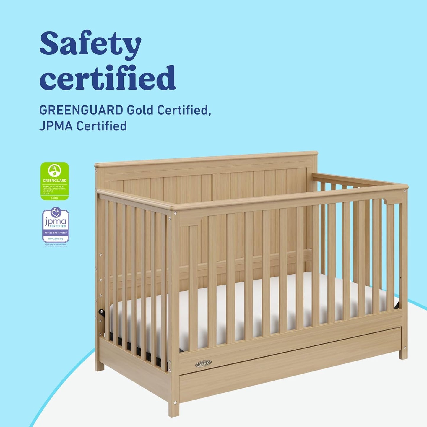 Graco Hadley 5-in-1 Convertible Crib with Drawer (Driftwood) – GREENGUARD Gold Certified, Fits Standard Crib Mattress, Converts to Toddler Bed, Daybed and Full Bed, 4 Adjustable Mattress Heights