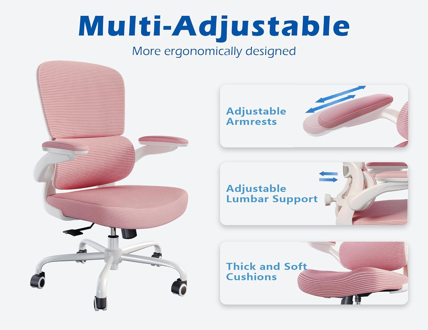 TRALT Ergonomic Office Chair - Desk Chair with Adjustable Lumbar Support Computer Chair - Mesh Comfy Chair with Flip-up Armrests - Gaming Chairs for Adults Home Office (Leather, Pink)