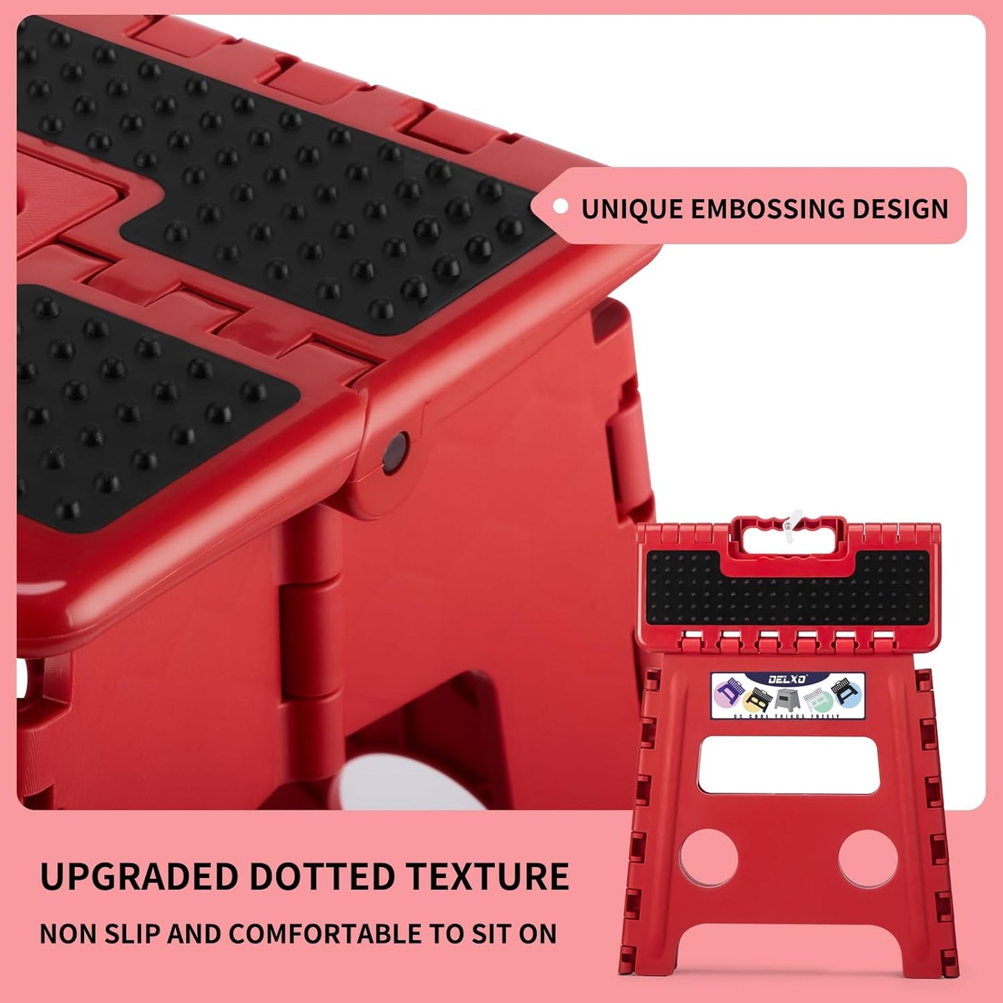 Delxo Folding Step Stool,Non-Slip Stool 13 inch Height Premium Heavy Duty Foldable Stool,Kitchen Garden Bathroom Steppingstool 1 Pack in Red,Dotted Texture