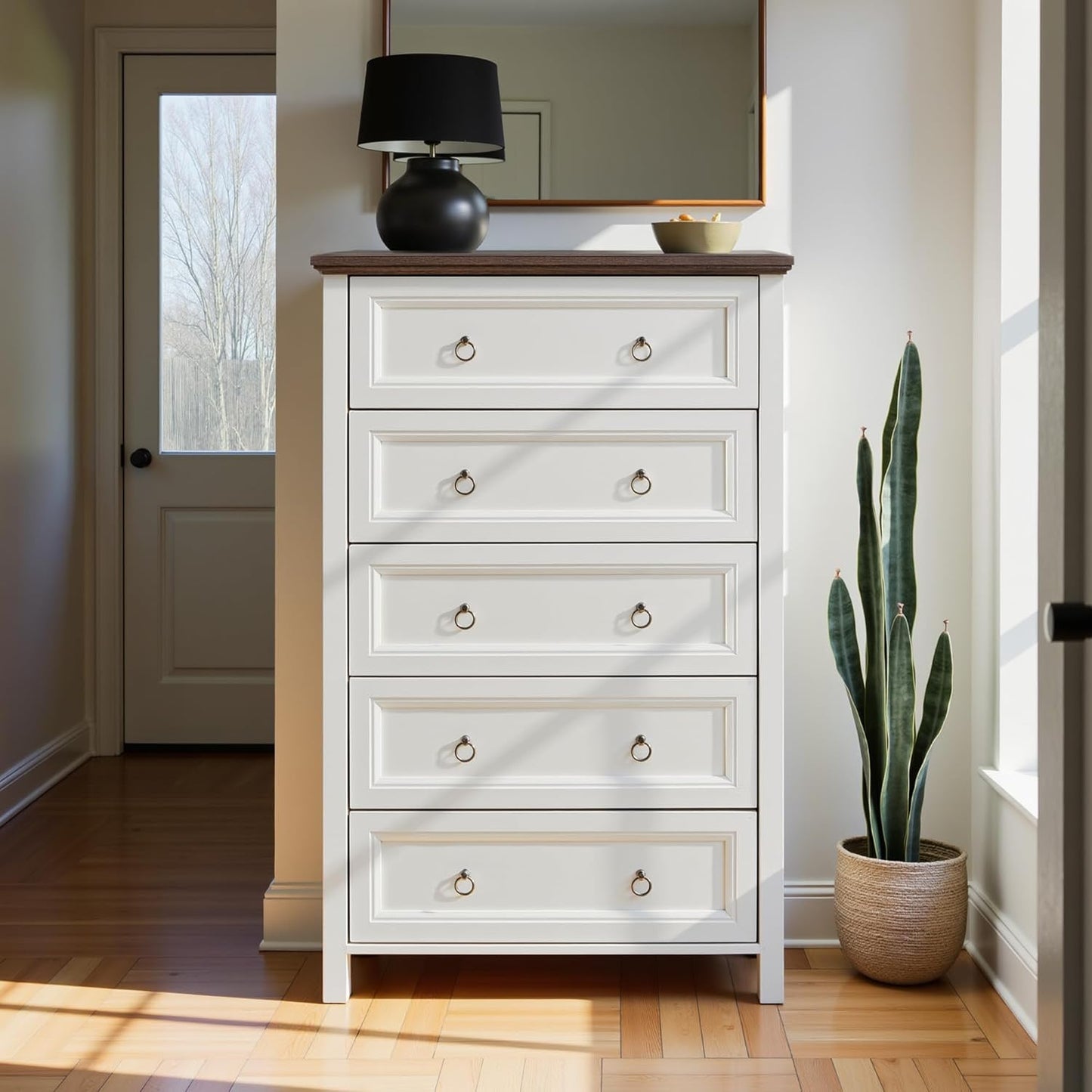 31.3" Farmhouse Sideboard Buffet Cabinet with Storage, Kitchen Buffet Storage Cabinet with 5 Drawers, Modern Wood Accent Sideboard for Living Room, Kitchen, Hallway(Ivory White)