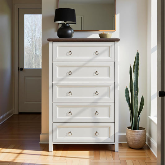 31.3" Farmhouse Sideboard Buffet Cabinet with Storage, Kitchen Buffet Storage Cabinet with 5 Drawers, Modern Wood Accent Sideboard for Living Room, Kitchen, Hallway(Ivory White)