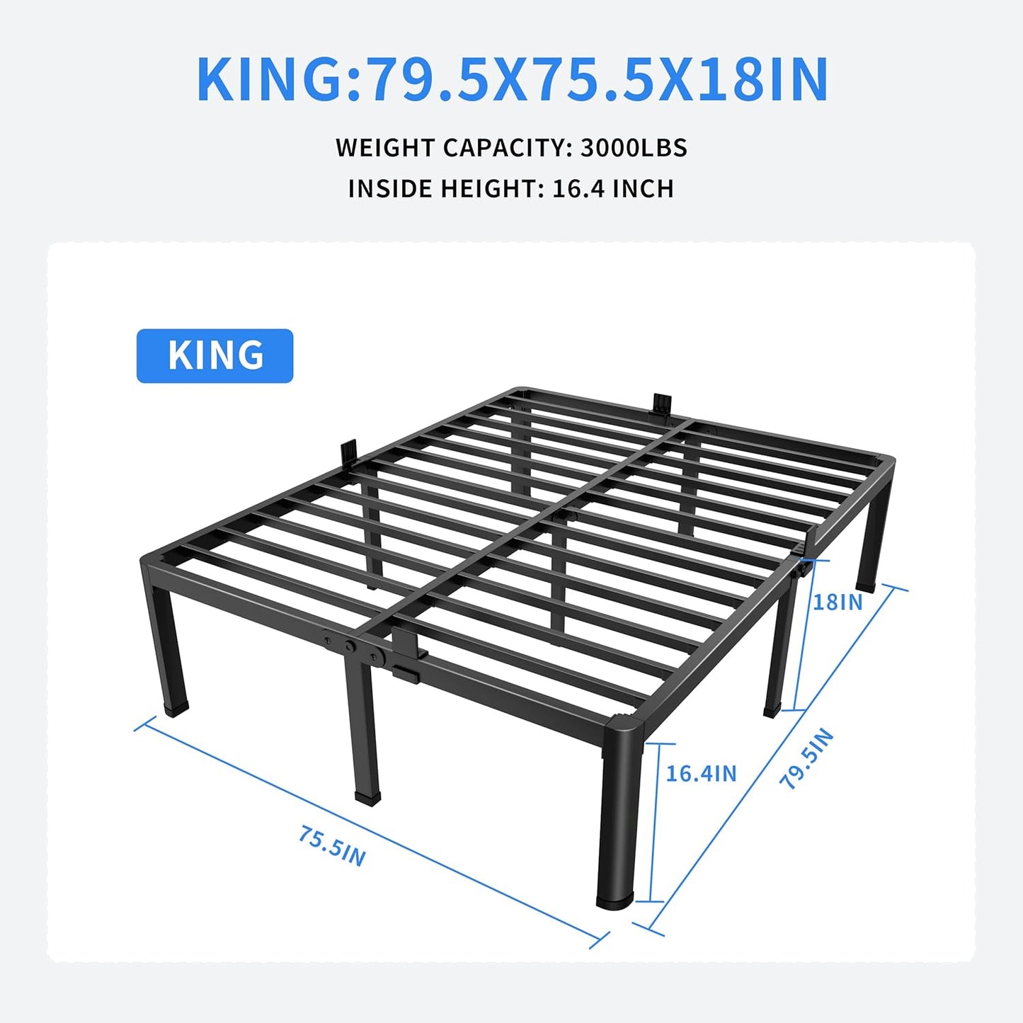MAF 18 Inch King Size Bed Frame with Round Corner Legs Mattress Slide Stopper No Box Spring Needed Heavy Duty Metal Platform Bed Frames, 3000 LBS Steel Slats Support