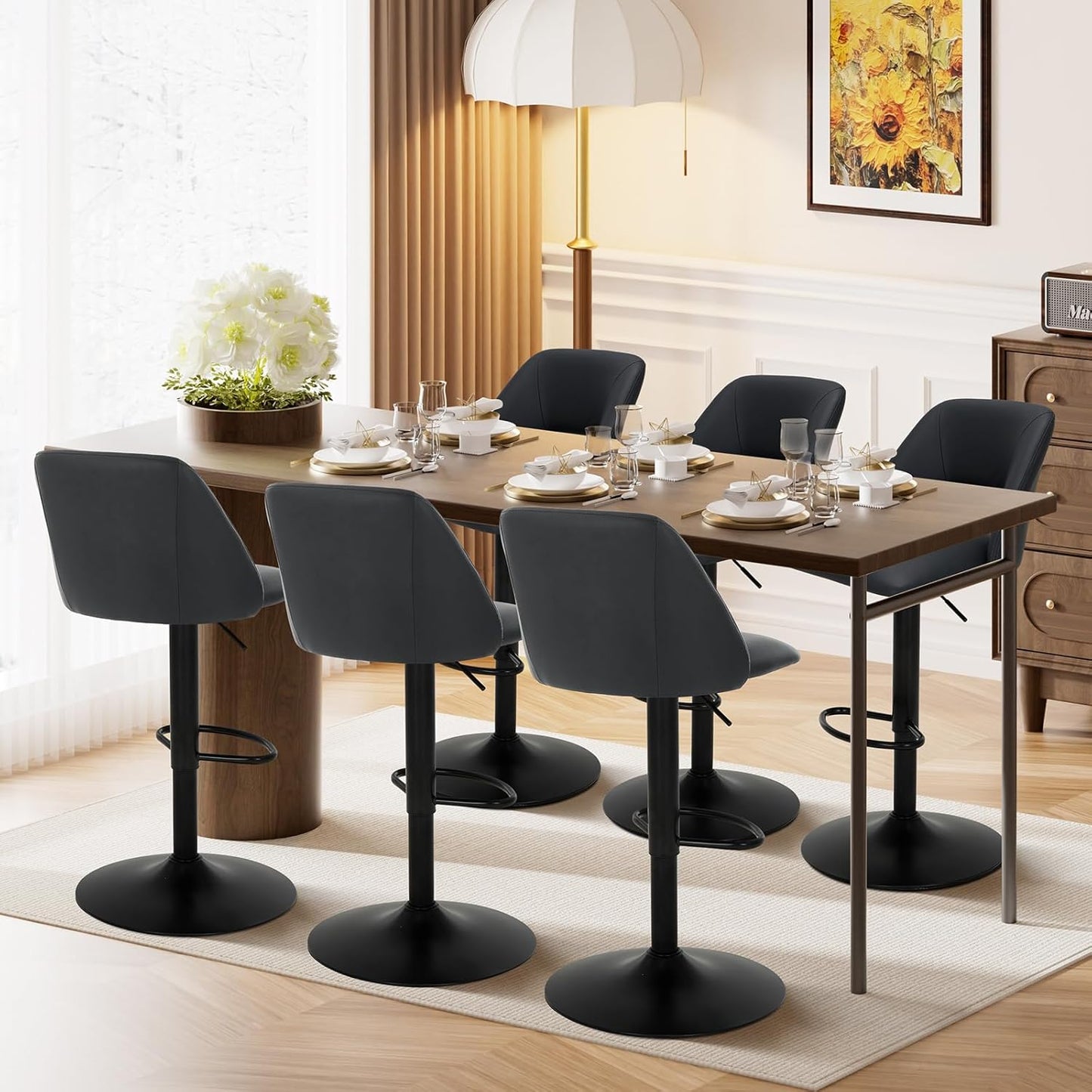 COLAMY Bar Stools Set of 3, Modern Swivel Bar Chairs, Adjustable PU Leather Upholstered Barstools Counter Height with Full Backrest for Bar, Dining Room, Kitchen Island, Black