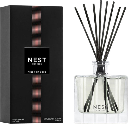 NEST New York Reed Diffuser, Rose Noir & Oud - 5.9 fl oz - Fragrance for Up to 90 Days - Reusable, Refillable Glass Holder - Includes 8 All-Natural Reed Sticks - Flame Free