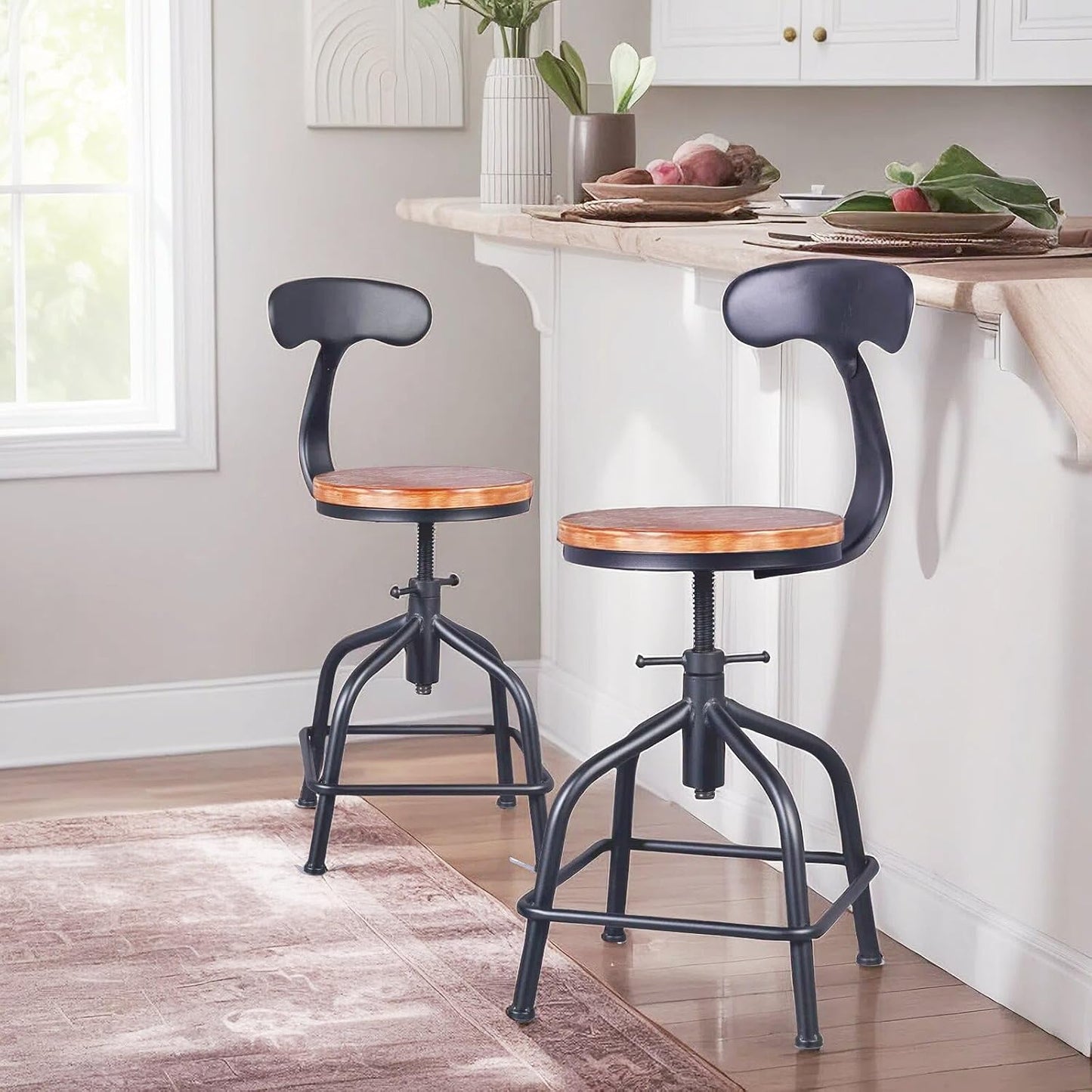 Topower Farmhouse Kitchen Stool, Industrial Counter Stool, Kitchen Deco Round Seat Standard Height Adjustable Swivel Bar Stools with Backrest Indoor House Design Iron Backrest Black Set of 2