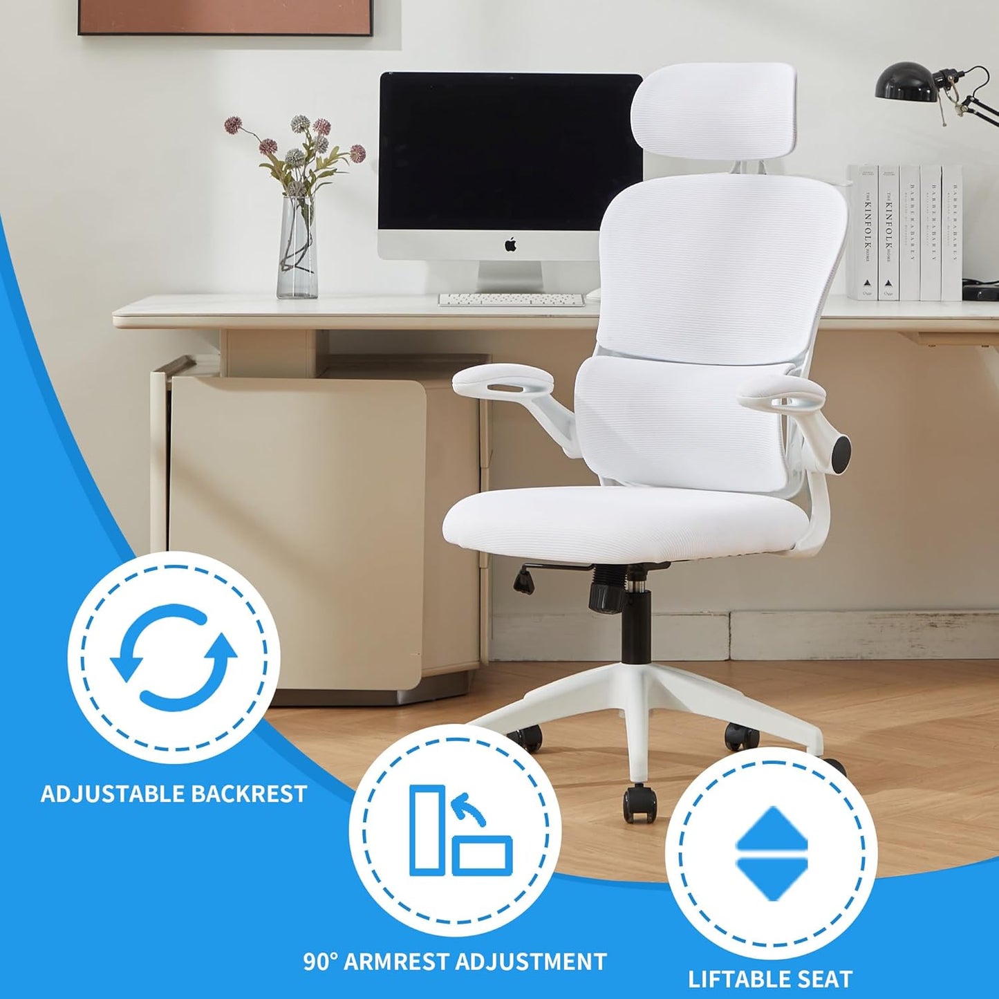 Ergonomic Mesh Office Chair, 400 lbs Capacity, High Back Desk Chair with Adjustable Lumbar Support, 3D Headrest, Flip-Up Armrests, and PU Wheels for Long Workdays and Home Office (White)