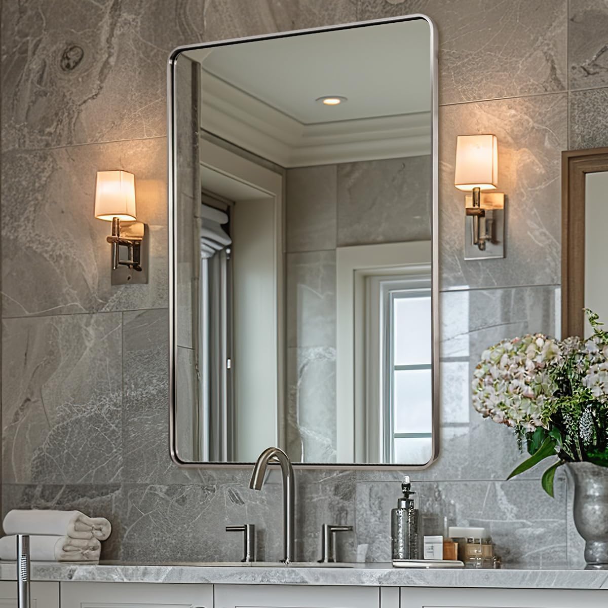 ANDY STAR 48x36 Inch Chrome Mirrors for Bathroom, Chrome Bathroom Vanity Mirror, Rounded Rectangle Mirror, Anti-Rust SUS304, Seamless Tube Metal Frame, 1’’ Deep Wall Mounted Vertically/Horizontal