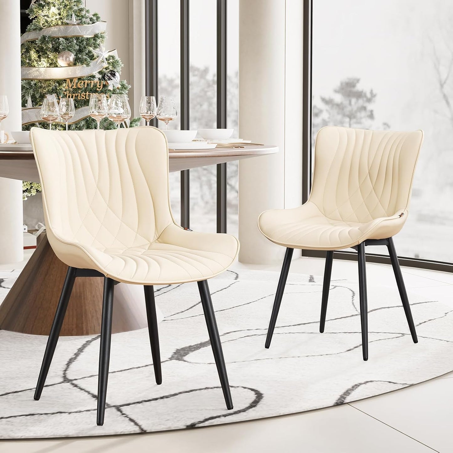YOUTASTE Dining Chairs Set of 2 Upholstered Mid Century Modern Kitchen Dining Room Chairs Armless Faux Leather Accent Chairs Metal Vanity Lounge Chair with Back for Living Room Bedrooms,Beige