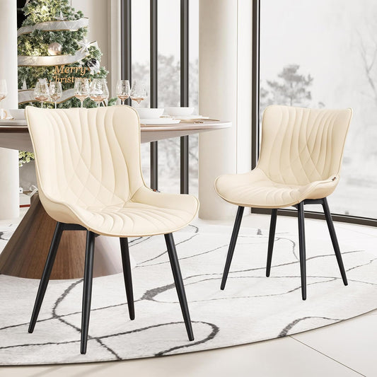 YOUTASTE Dining Chairs Set of 2 Upholstered Mid Century Modern Kitchen Dining Room Chairs Armless Faux Leather Accent Chairs Metal Vanity Lounge Chair with Back for Living Room Bedrooms,Beige