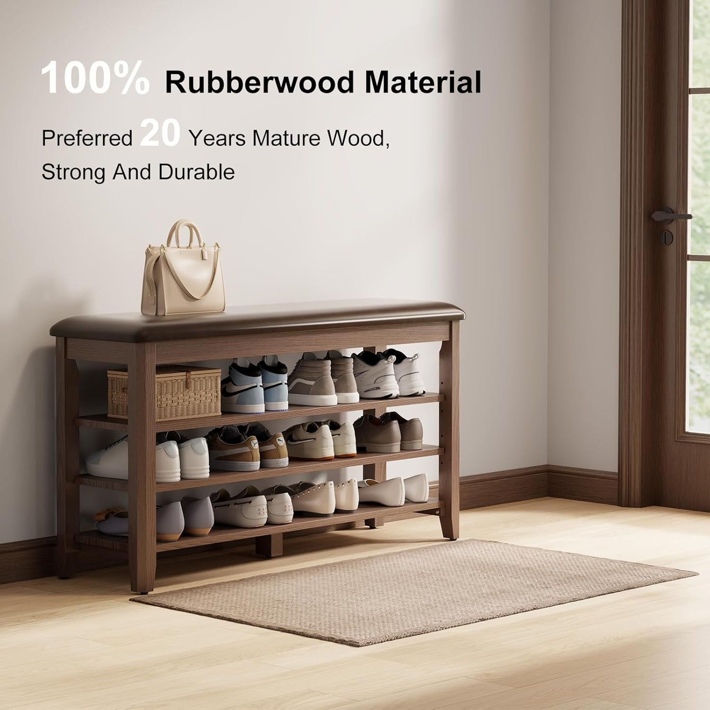 Shoe Bench with Leather Cushion, 3 Tiers Shoe Storage Bench Height Adjustable, Walnut Wood Entryway Bench for Hallway, Mudroom