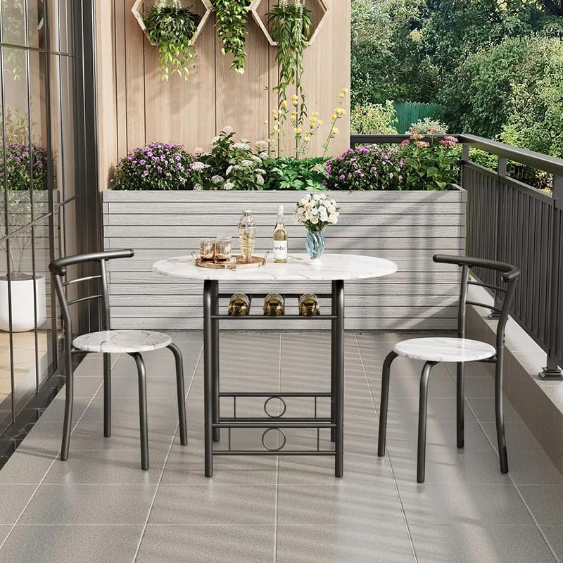 Shahoo 3-Piece Wooden Dining Table Set, Kitchen Breakfast Nook Sets with 2 Chairs & Round Tabletop, Space Saving Furniture Metal Frame and Built-in Wine Rack, Marble White & Black