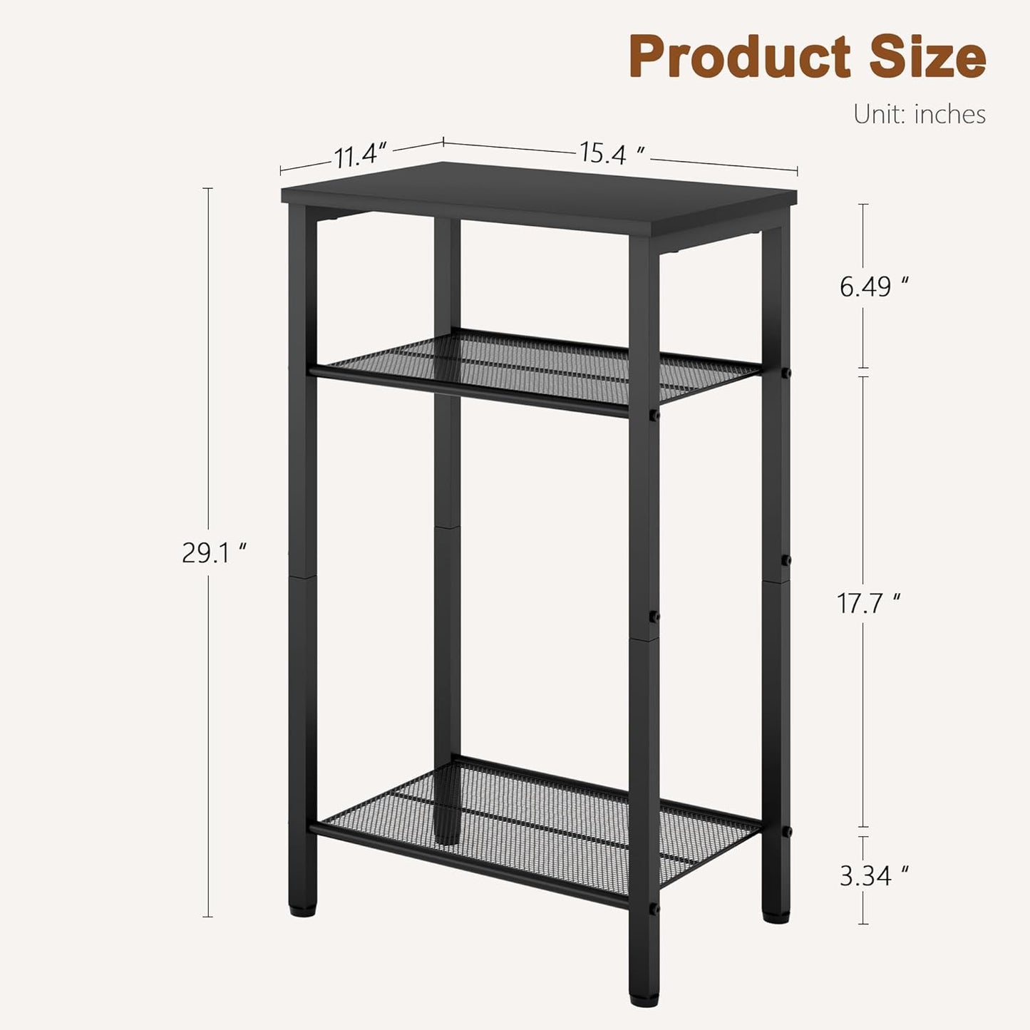Hoctieon 3 Tier End Table, Telephone Table, Tall Side Table with Storage, Small Nightstand for Small Spaces, Metal Frame, For Living Room, Bedroom, Sofa Couch, Hall, Easy Assembly, Black