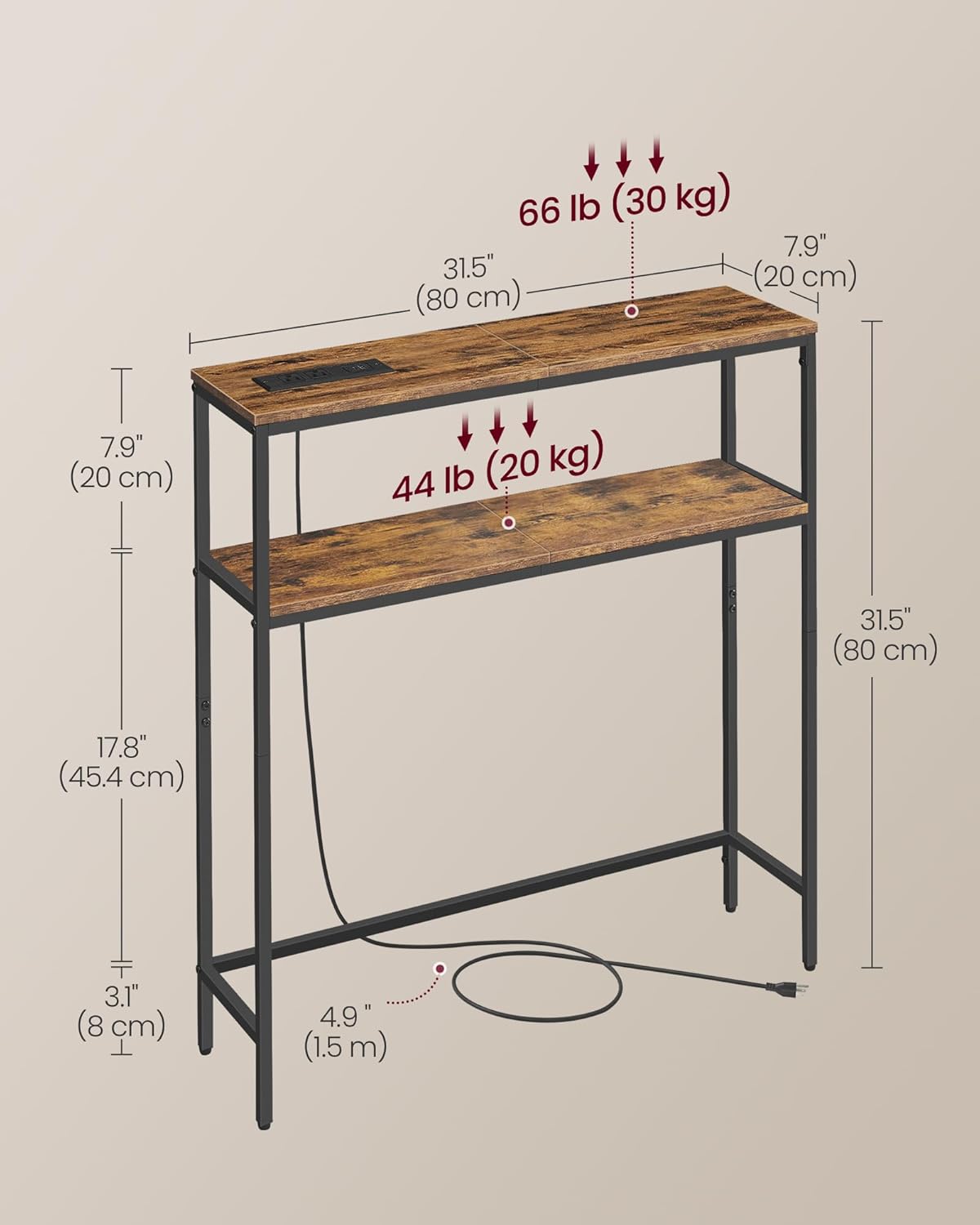 VASAGLE Console Table with Power Outlet, 2-Tier Narrow Sofa Table with 2 Shelves, 7.9 x 31.5 x 31.5 Inches, for Living Room, Hallway, Entryway, Rustic Brown and Ink Black ULNT135K01