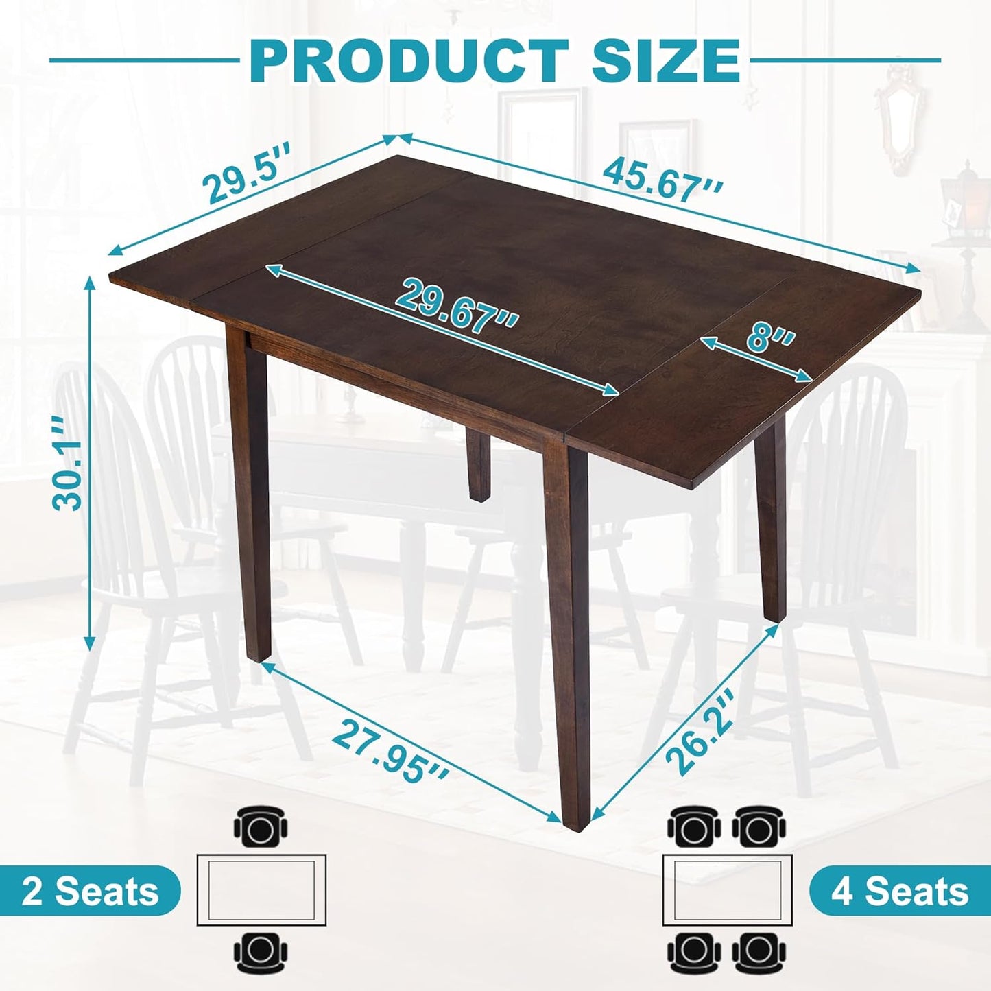 29"- 45" Extendable Dining Table for 2-4, Folding Square Dinner Table Small Kitchen Dining Room Tables with Wood Legs for Small Space, Kitchen, Living Room, Dark Brown