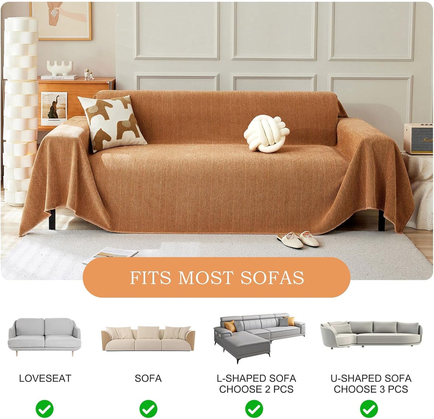 STACYPIK Burnt Orange Chenille Couch Cover, Modern Tangerine Sofa Covers for 3 Cushion Couch, Lovetseat Cover for Sectional, Non Slip L Shaped Covers Pets-Scratch Sofa Slipcover with Tassels-91X150IN