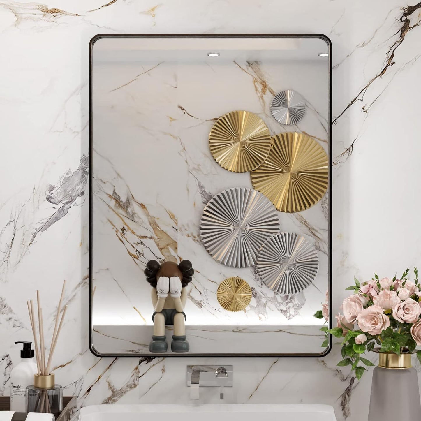 WEER Black Framed Mirror for Bathroom, 24x32 Inch Matte Black Bathroom Vanity Mirror, Rectangular Black Metal Framed Wall Mirror with Tempered Glass, Rounded Corner, Anti-Rust (Horizontal/Vertical)