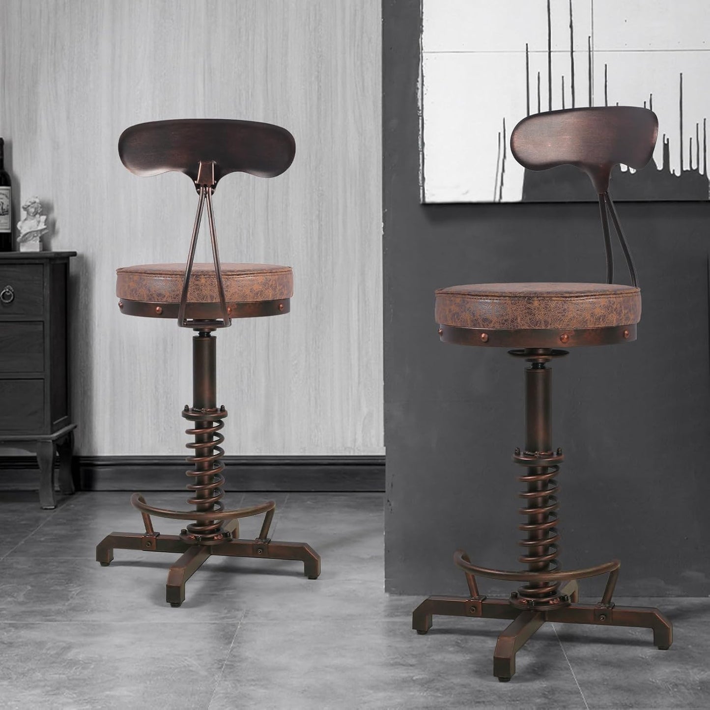 Industrial Bar Stool with Metal Backrest Rustic Coffee Stools with Swivel Leather Seat Vintage Kitchen Island Chair Farmhouse Dining Chairs 24.4-28.3inch Height Adjustable