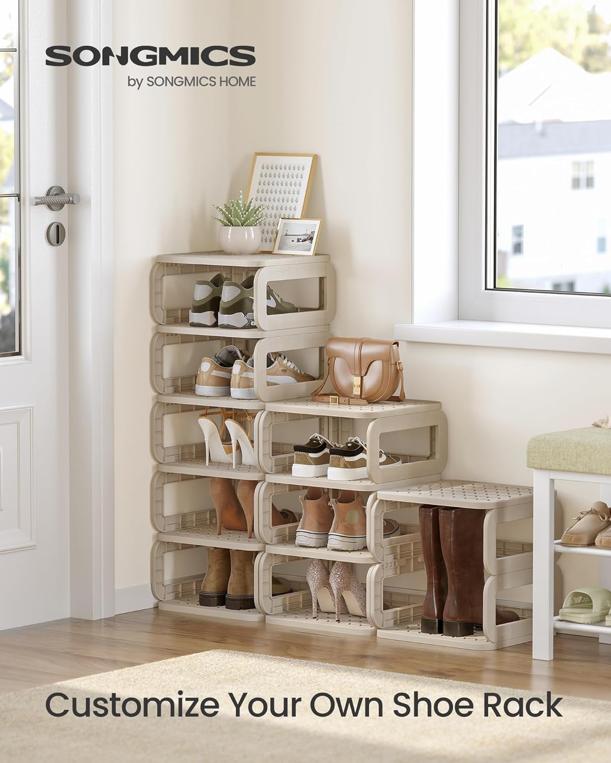 SONGMICS Shoe Rack, Shoe Organizer, 12 Shelves, Shoe Storage, Narrow Shoe Shelf, Open Shelf for Entryway, Living Room, Bathroom, Space-Saving, Cappuccino Beige ULPC038K01