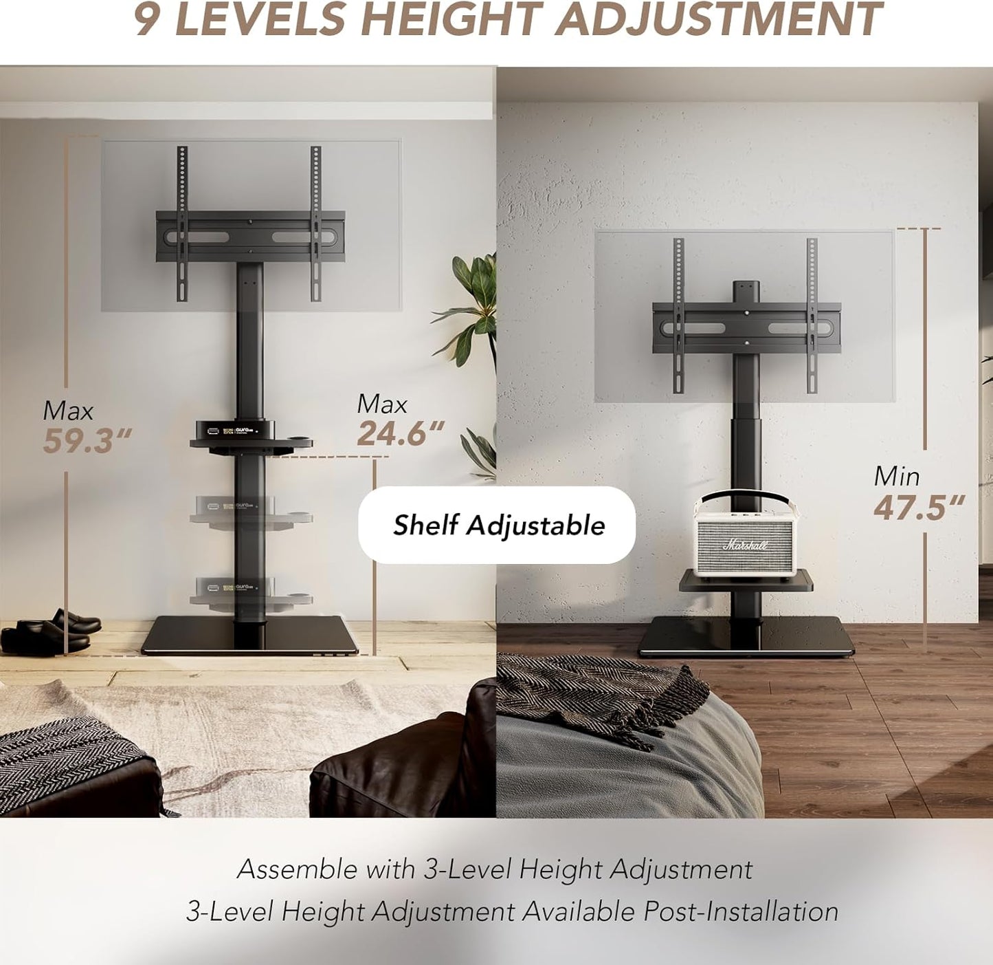 AX WABER Universal Floor TV Stand with Mount 70 Degree Swivel 9 Level Height Adjustable and Space Saving Design for Most 27 to 65 inch LCD, LED OLED TVs One Shelf