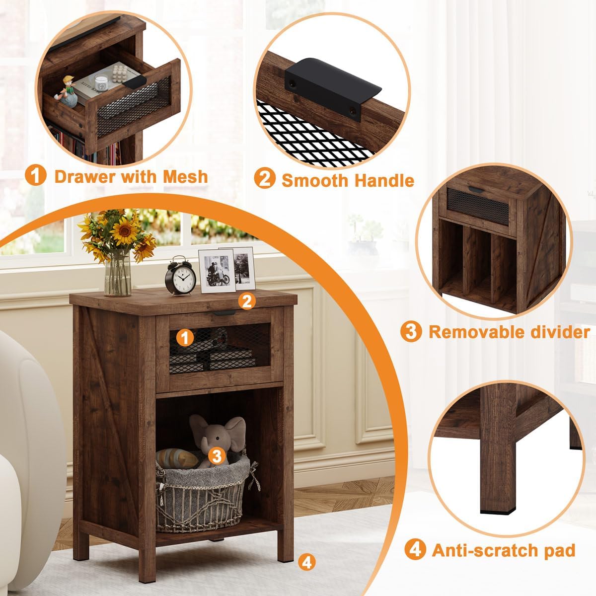 BON AUGURE Record Player Stand with Vinyl Storage, Farmhouse Record Player Cabinet End Table Holds up to 160 Albums, Brown Turntable Stand for Living Room, Bedroom, Office (Rustic Oak)