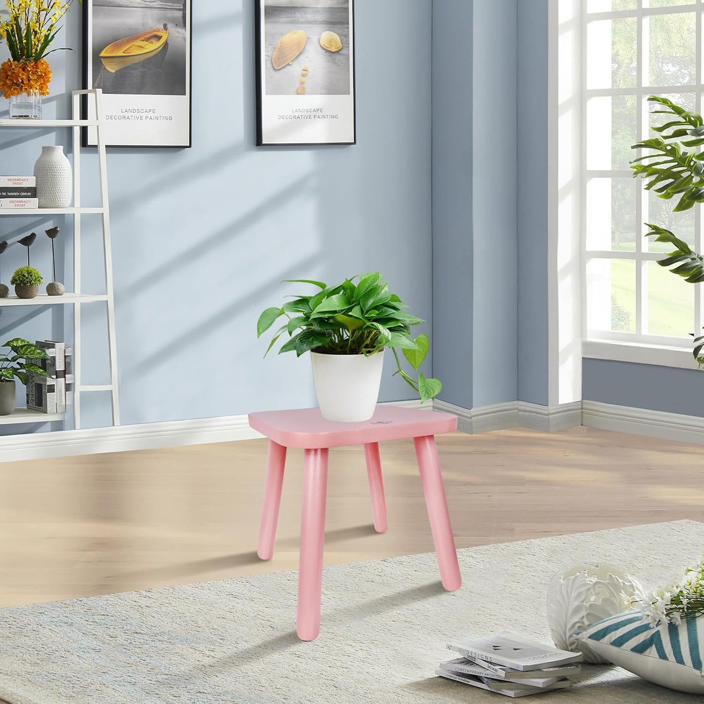 BEE&OAK Wooden Step Stools for Adults, Solid Rubber Wood Non-Slip Step Foot Stool, Heavy Duty 300 lbs One Step Stool for Bedroom, Bathroom, Kitchen,Outdoor (Pink, 11" (D) x 11"(W) x 11.8"(H))