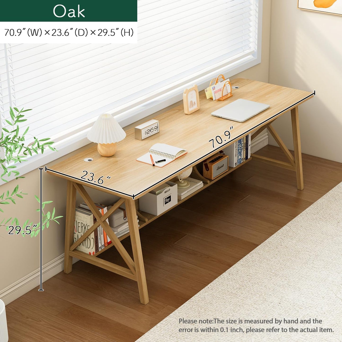 Extra Long Desk with Bookshelf - Wooden Home Office Work Study Table, 2-Person Writing Computer Workstation with Storage Shelf in Oak, 71" Wx24 Dx30 H