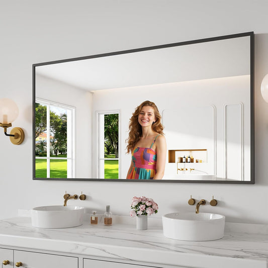 Koonmi Bathroom Mirror 30x55 Black Bathroom Wall-Mounted Mirrors, Modern Vanity Mirror for Bedroom, Living Room, Aluminum Alloy Frame Allow to Hang Horizontally or Vertically