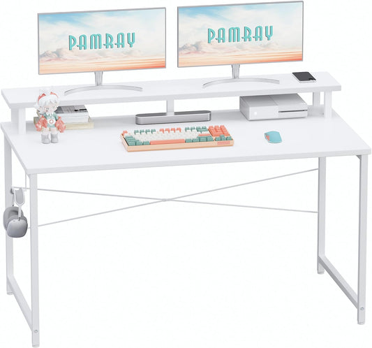 Pamray 47 Inch Small Computer Desk with Monitor Stand, Simple Office Desk with Headphone Hook for Small Spaces, Kids Study Writing Table for Bedroom, White