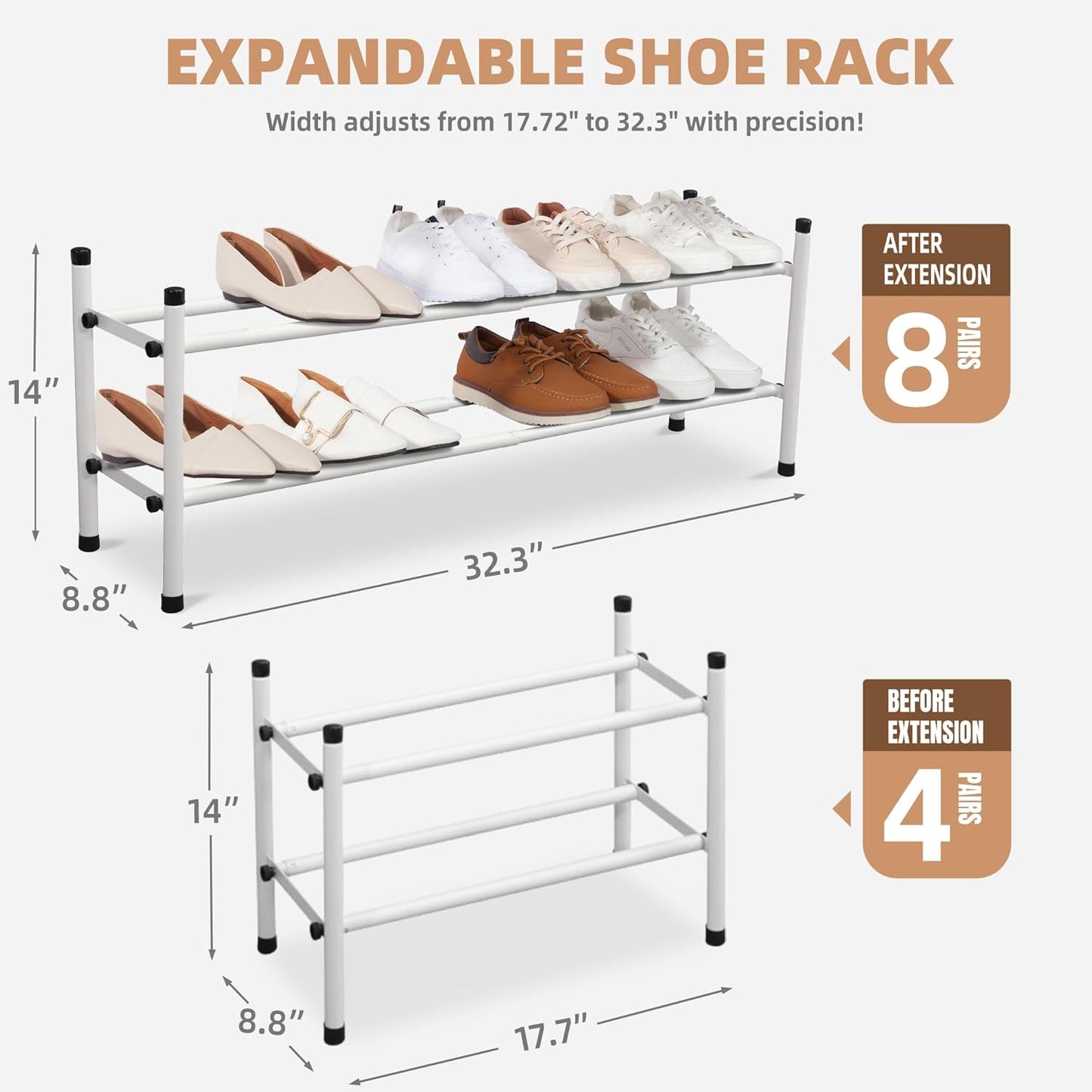 STORAGE MANIAC Expandable Shoe Rack, 8 Pairs Stackable Small Shoe Rack, Metal Adjustable Shoes Organizer for Closet, Entryway, Hallway, Garage, Front Door, Shoes Shelves, White 2 Tier