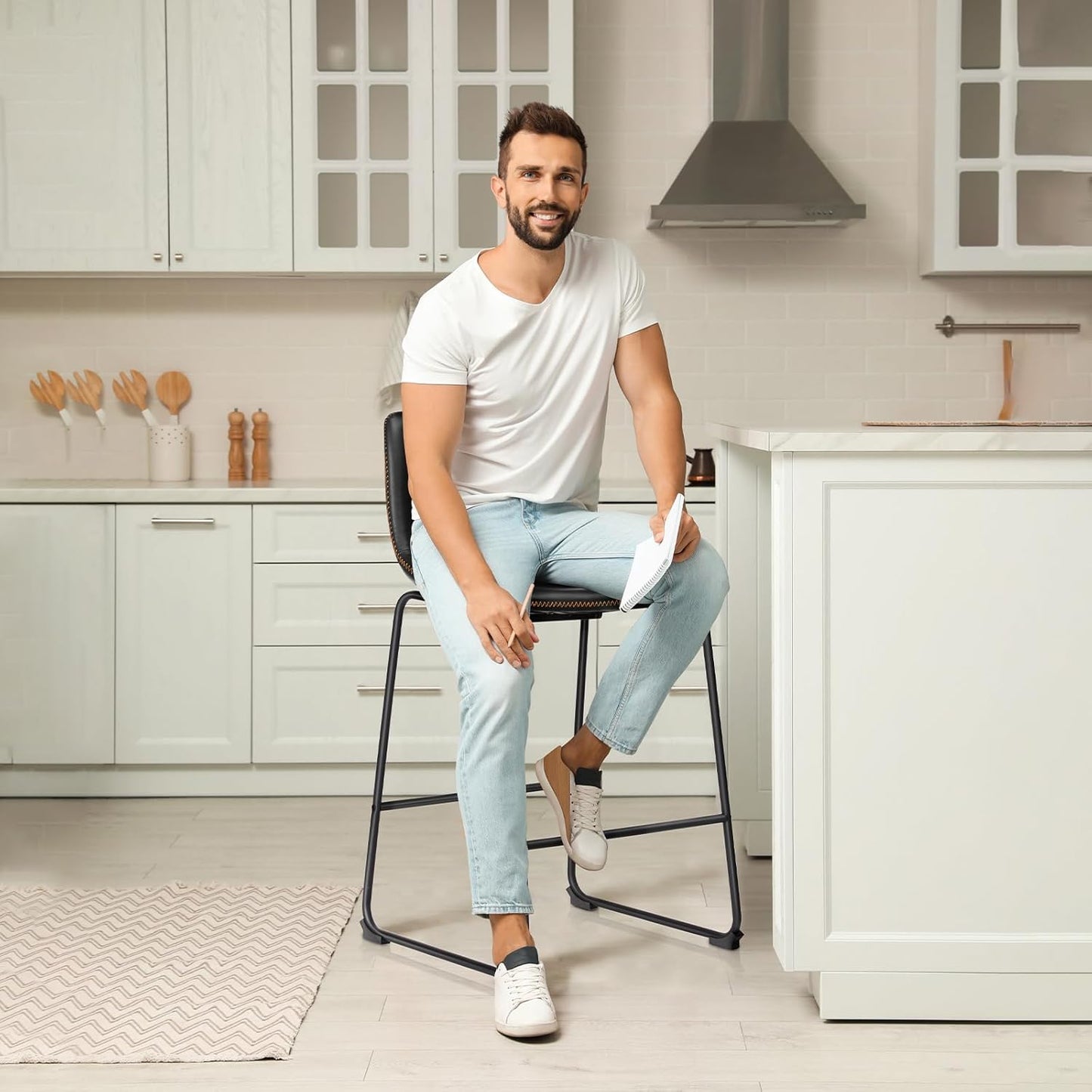 DUMOS 26 Inch Counter Height Bar Stools Set of 4, Modern Faux Leather High Barstools with Back and Metal Leg, Bar Chairs for Kitchen lsland, Black