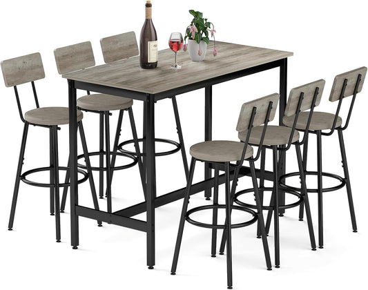 Dining Table Set for 6, 7-Piece Bar Table Set, Kitchen Table and Chairs, Counter Height High Top Table with 6 PU Upholstered Stools, Space-Saving Pub Tables Set for Small Space, Grey