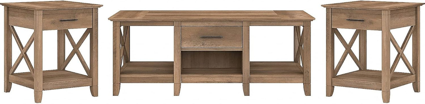 Bush Furniture Key West Coffee Table with Set of 2 End Tables in Reclaimed Pine