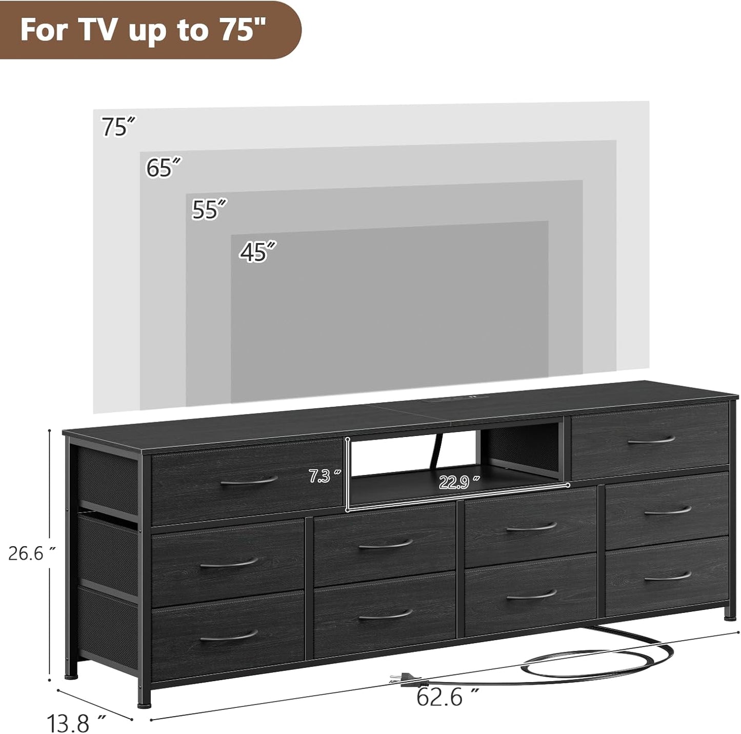 Furnulem 63” Long Dresser for Bedroom, TV Stand for 65 to 75 inch TV, Black Dresser with 10 Fabric Drawers, Chest of Drawer for Closet, Entertainment Center with Power Outlet & LED Light